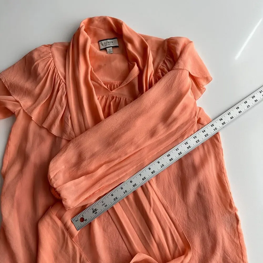 J Crew Silk‎ Chiffon Ruffle Puff Sleeve Tie Neck Girlcore Lined Peach Blouse S